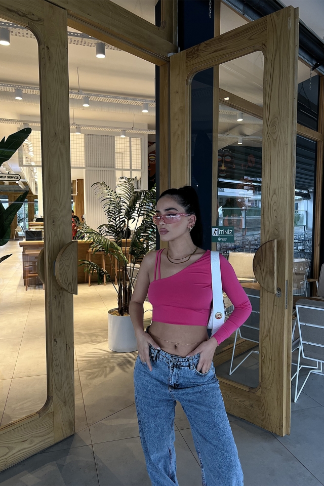 Fuşya Tek Kol Crop Top ATE2983