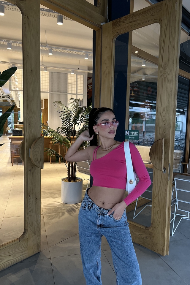 Fuşya Tek Kol Crop Top ATE2983