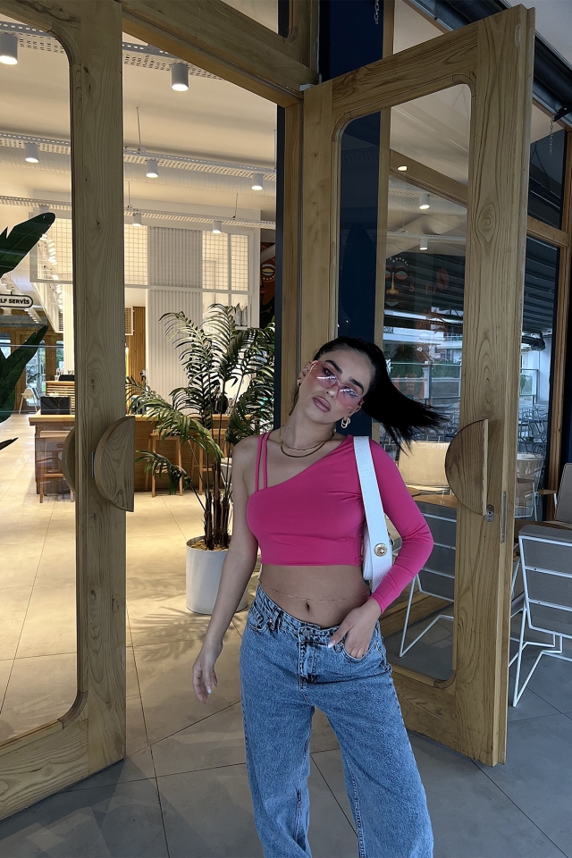 Fuşya Tek Kol Crop Top ATE2983