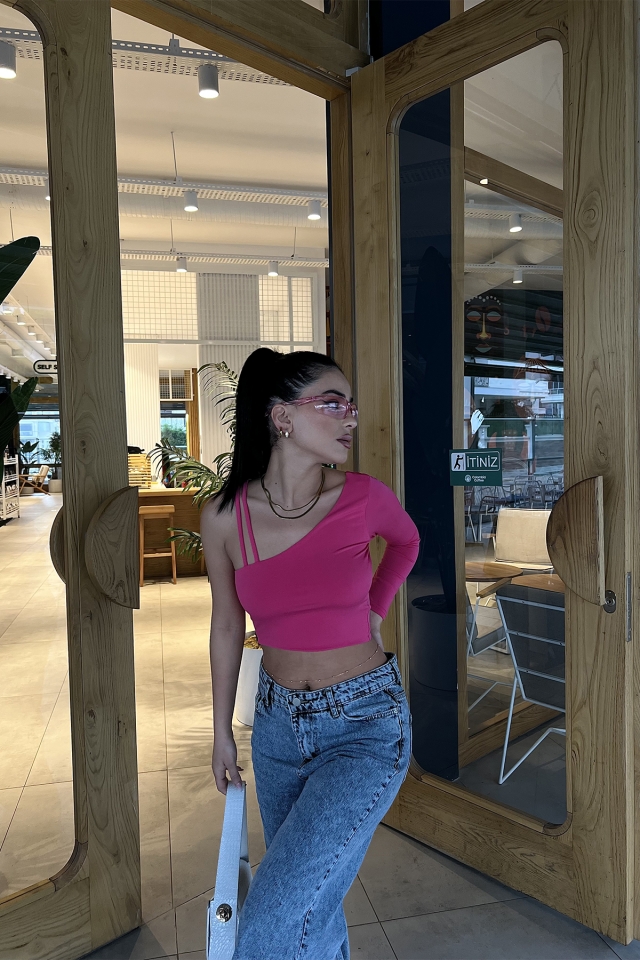 Fuşya Tek Kol Crop Top ATE2983