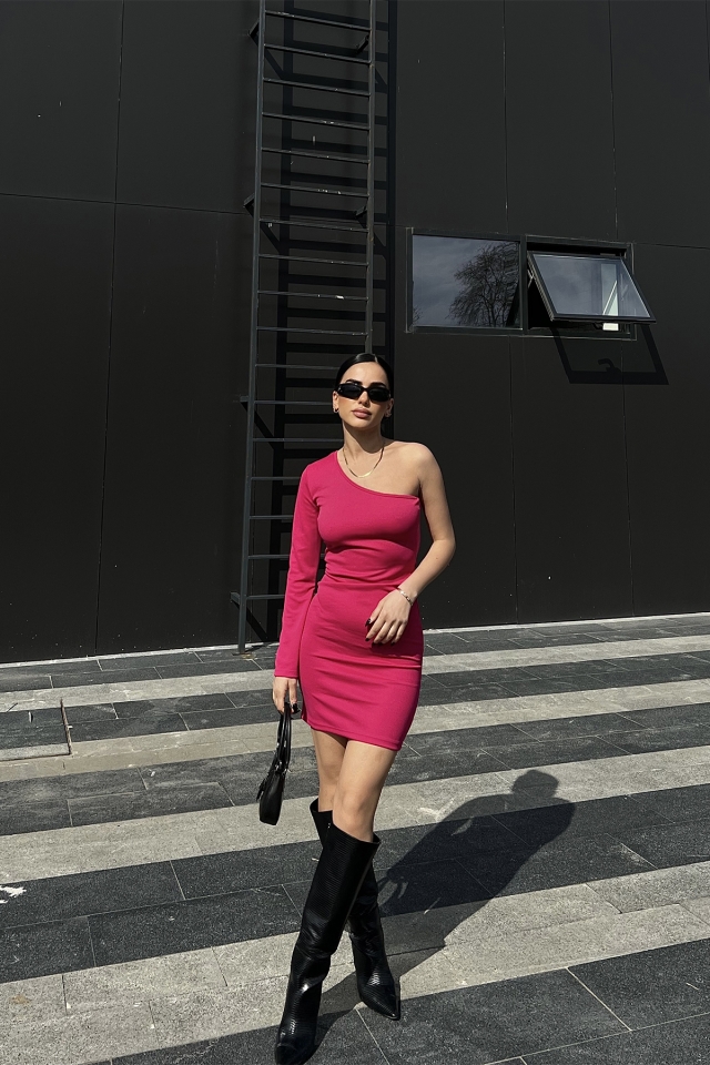 Fuşya Tek Kol Mini Elbise ATE4704