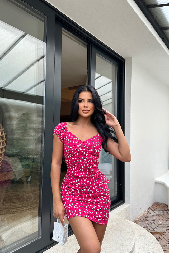 Fuşya Çiçek Desen Elbise ATE8228 - EYYO