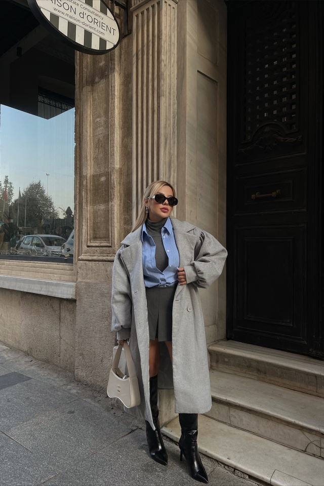Gray Oversize Double Breasted Collar Coat ATE2367