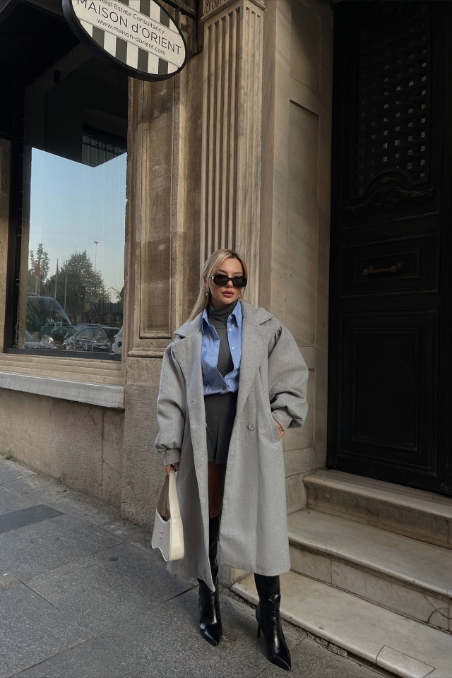 Gray Oversize Double Breasted Collar Coat ATE2367