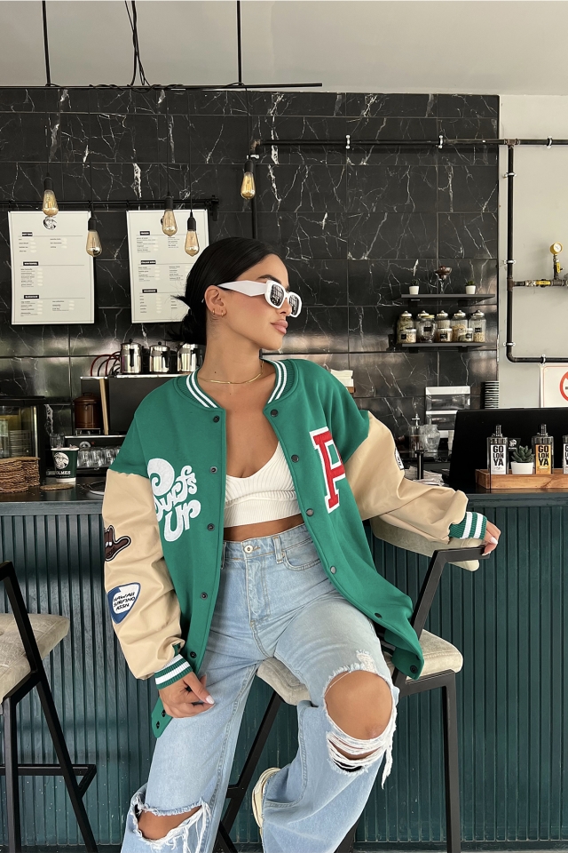Green Leather Sleeves College Jacket ATE1964