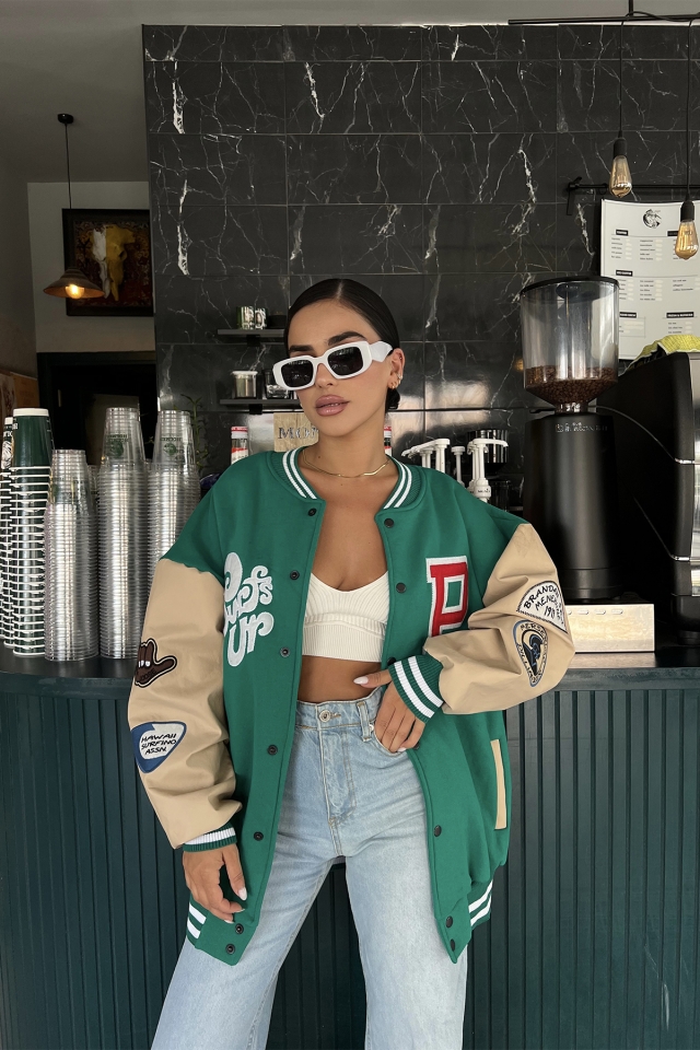 Green Leather Sleeves College Jacket ATE1964