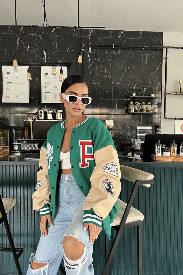 Green Leather Sleeves College Jacket ATE1964