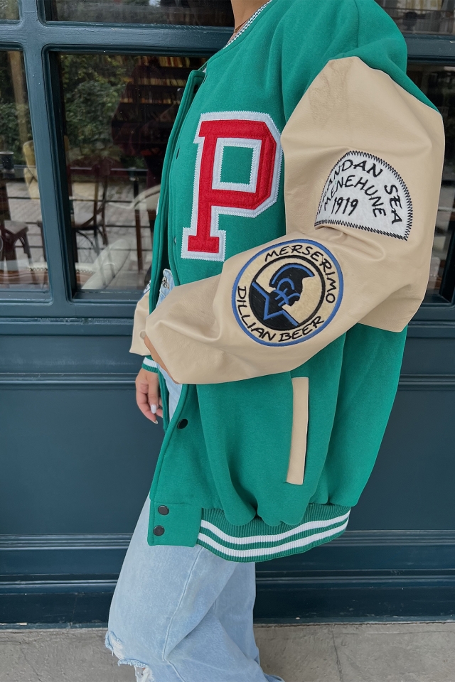 Green Leather Sleeves College Jacket ATE1964