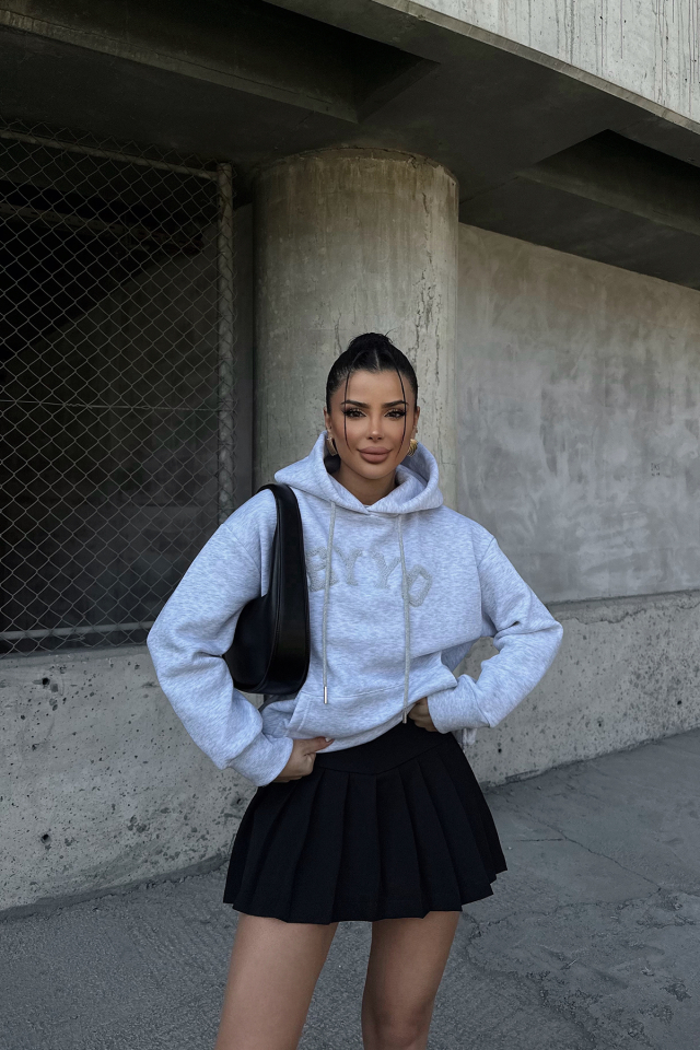 Gri Eyyo Nakışlı Kapşonlu Sweat ATE-0805