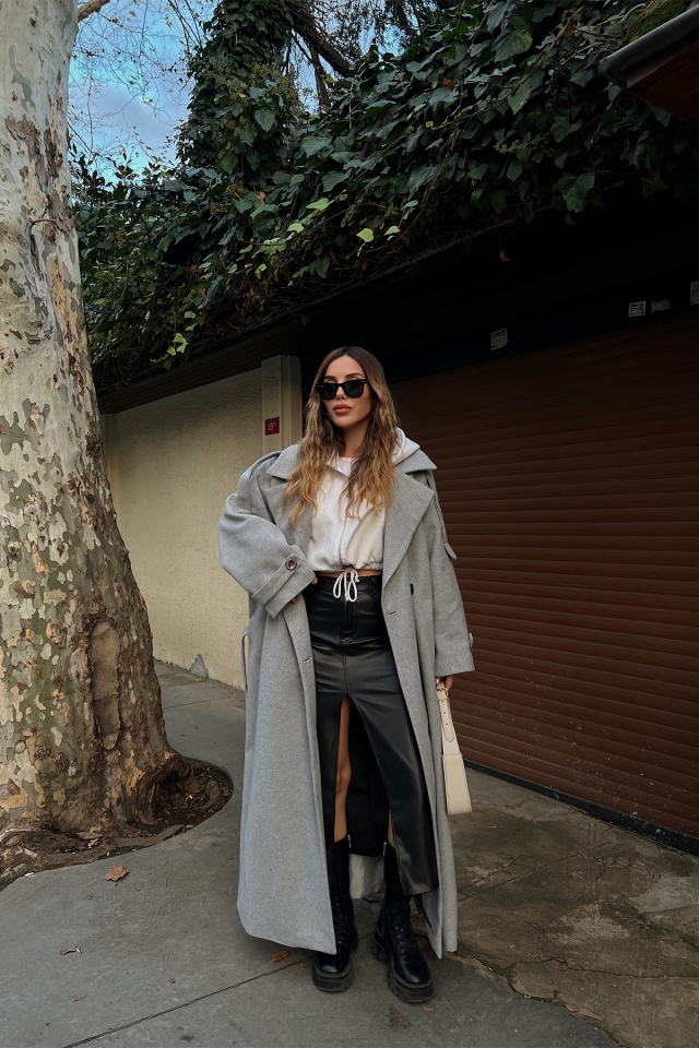 Gri Oversize Kaşe Kaban ATE2914