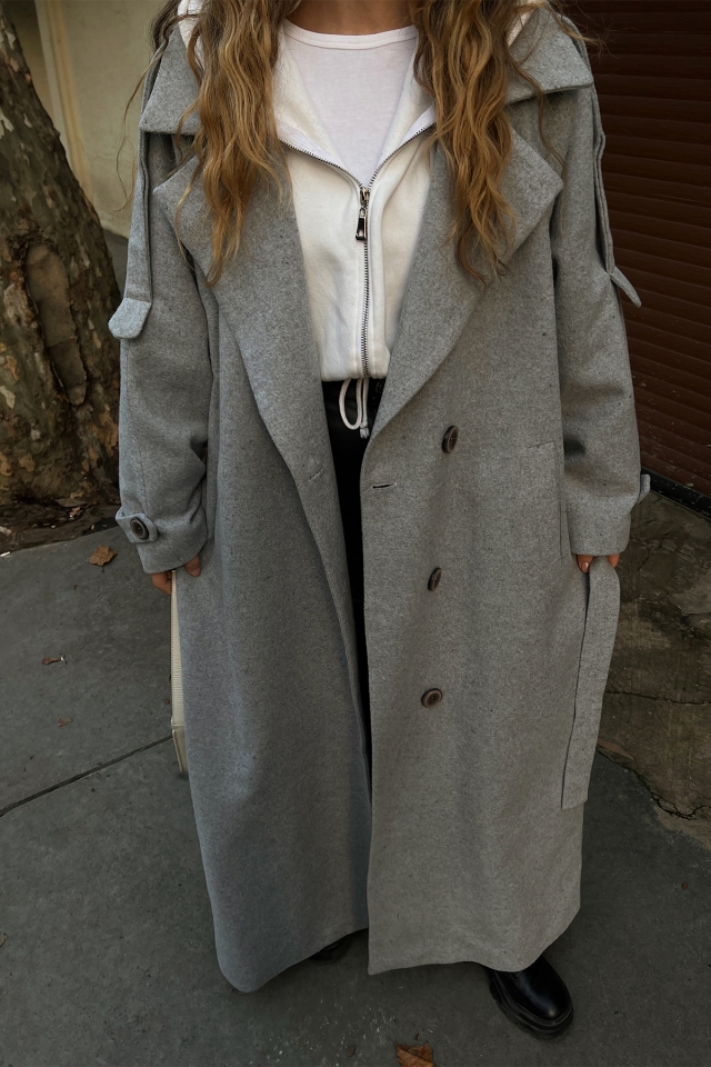 Gri Oversize Kaşe Kaban ATE2914