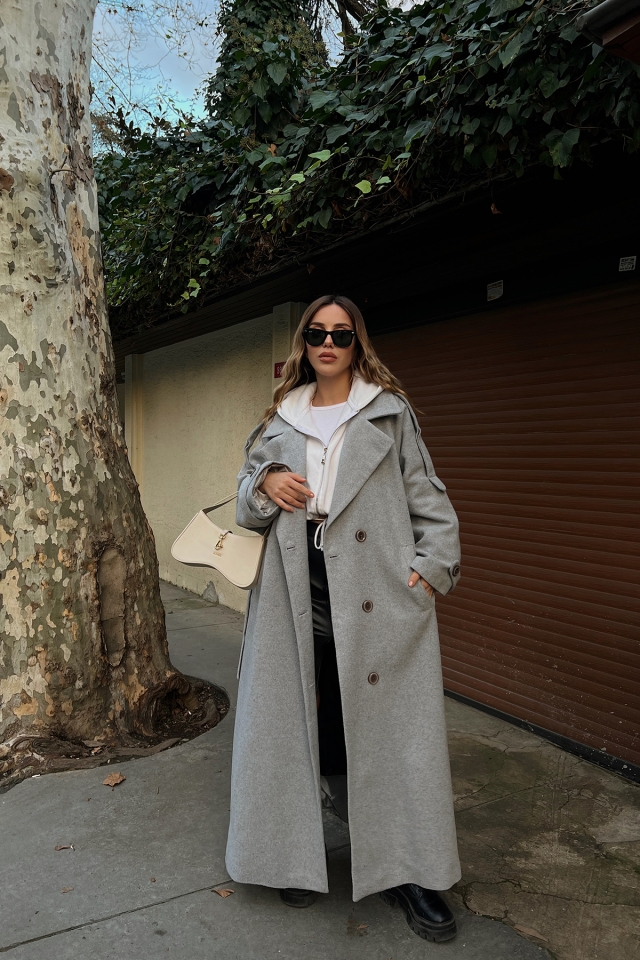 Gri Oversize Kaşe Kaban ATE2914 - EYYO