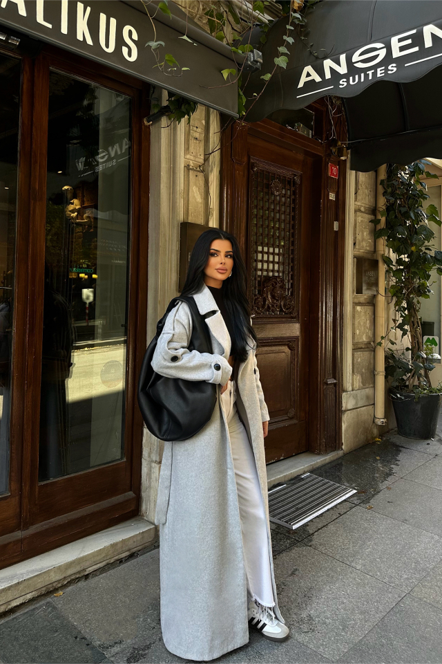 Gri Kuşak Detay Düğmeli Kaban ATE-0747