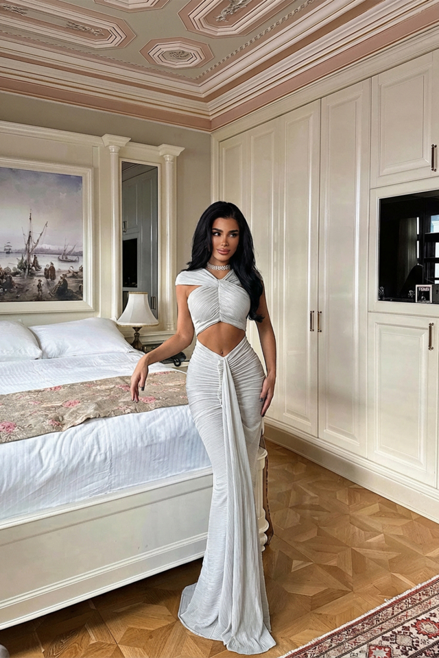 Gri Orleans Uzun Elbise ATE-3053
