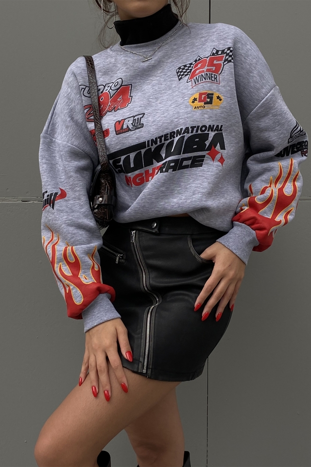Gri Racing Baskılı Sweat ATE2374
