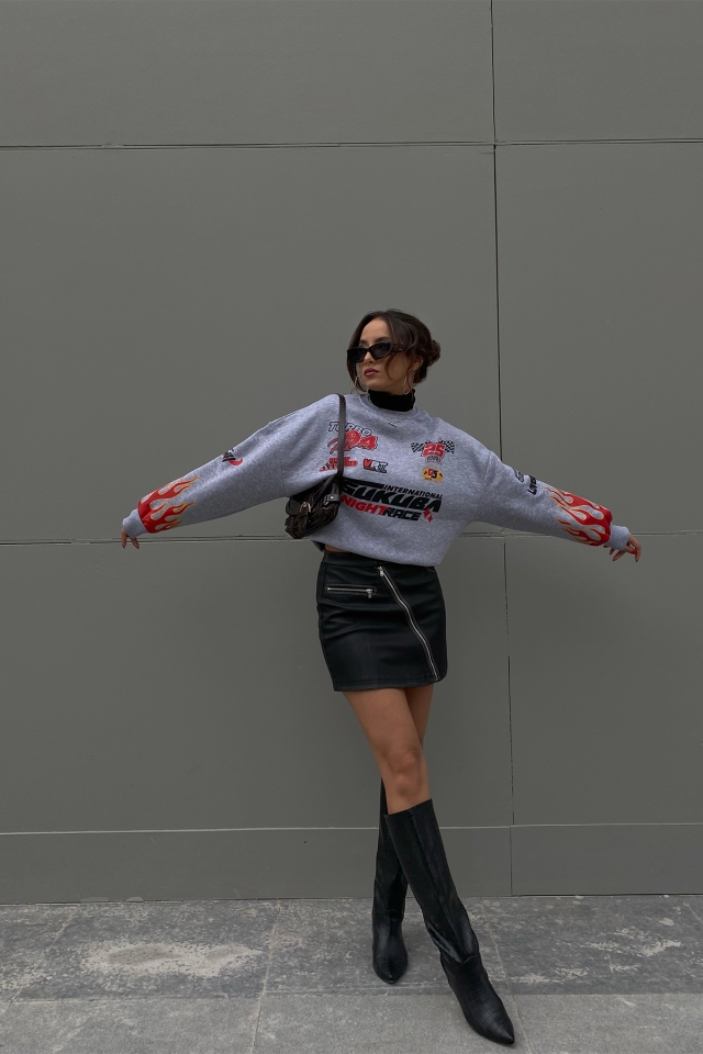 Gri Racing Baskılı Sweat ATE2374
