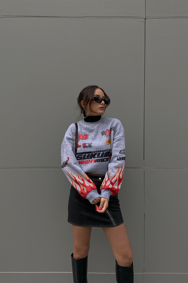 Gri Racing Baskılı Sweat ATE2374