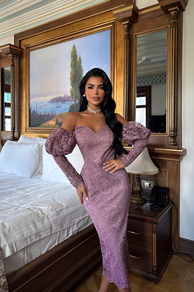 Gül Kurusu Maude Dantelli Midi Boy Elbise ATE-3388
