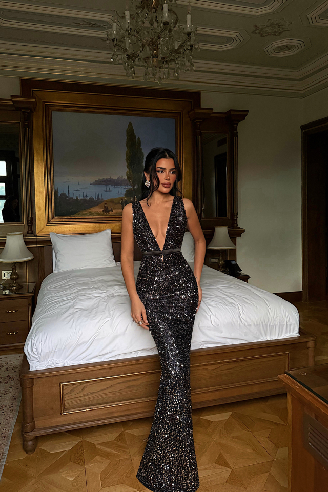 Gümüş Loretta uzun payetli elbise ATE-4552