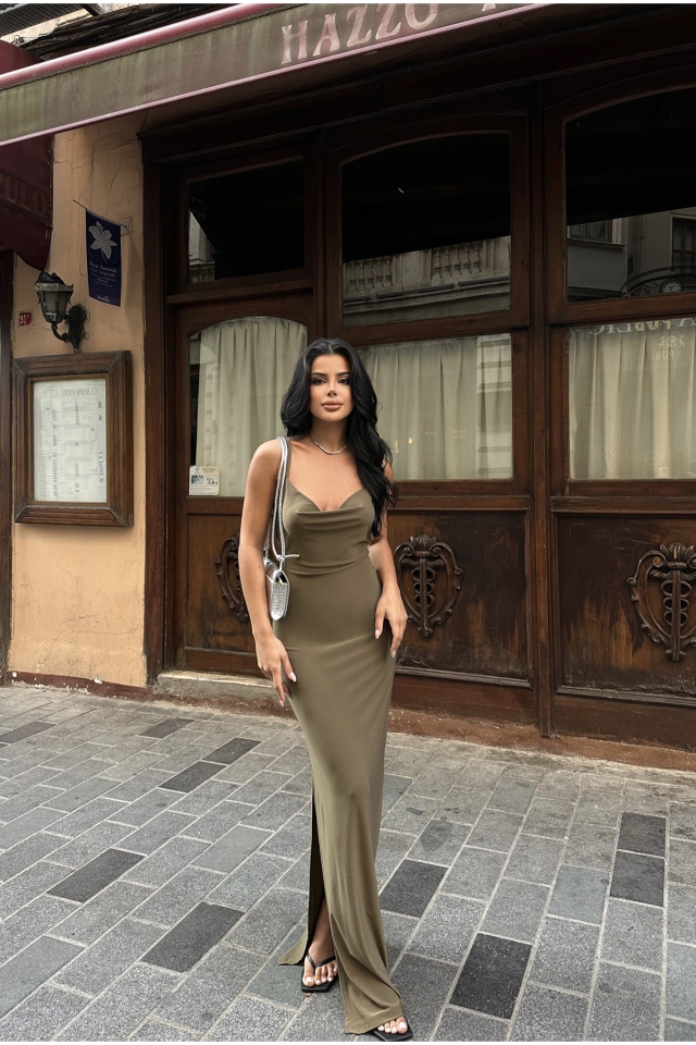 Haki Askılı  Sırt Detay Elbise ATE8034