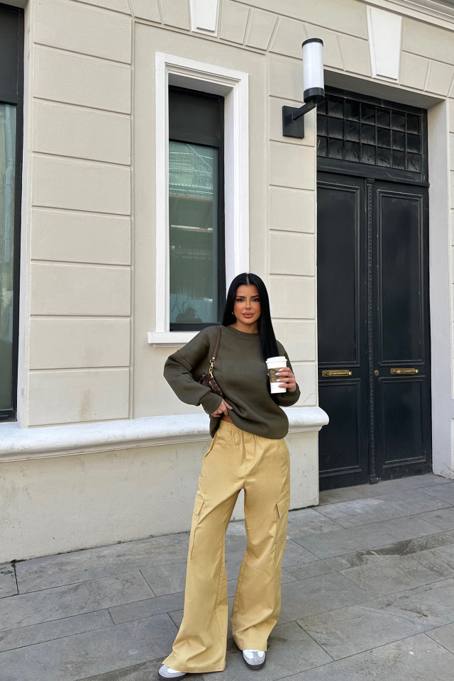 Haki Oversize Arkası Baskılı Sweat ATE-0878