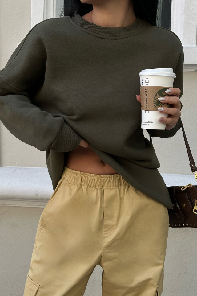 Haki Oversize Arkası Baskılı Sweat ATE-0878