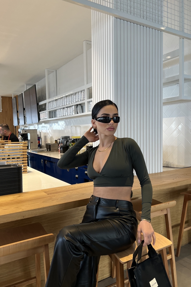 Haki Sırtı Bağlamalı Crop Top ATE3389