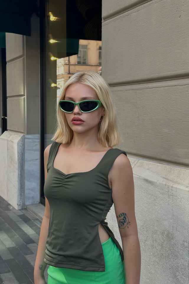 Haki Yırtmaç Detay Crop Top ATE6175