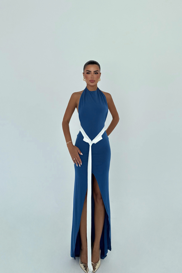 İndigo Giselle Fiyonk Detaylı Yırtmaçlı Elbise