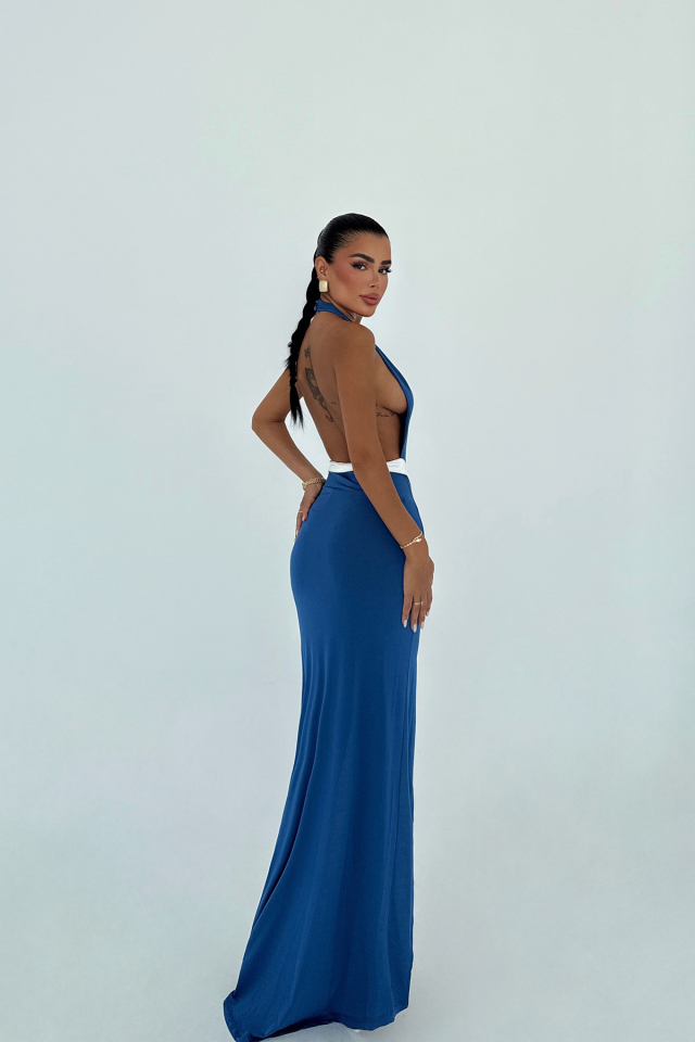 İndigo Giselle Fiyonk Detaylı Yırtmaçlı Elbise