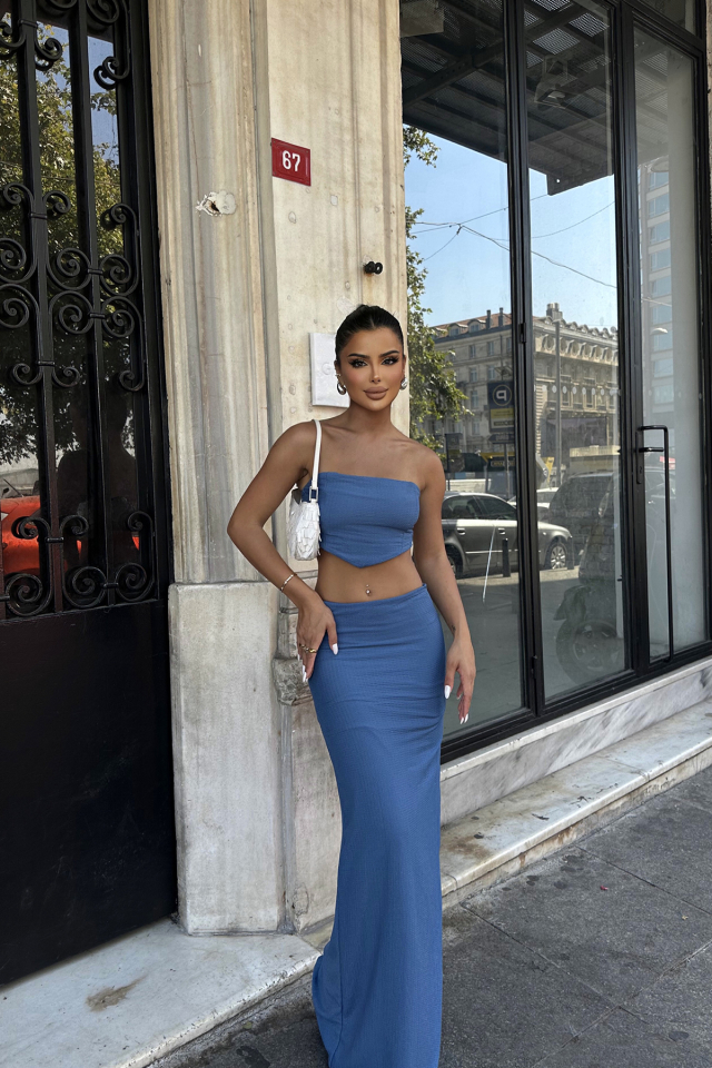 İndigo Yırtmaç Detay Etekli Takım ATE8271 - EYYO