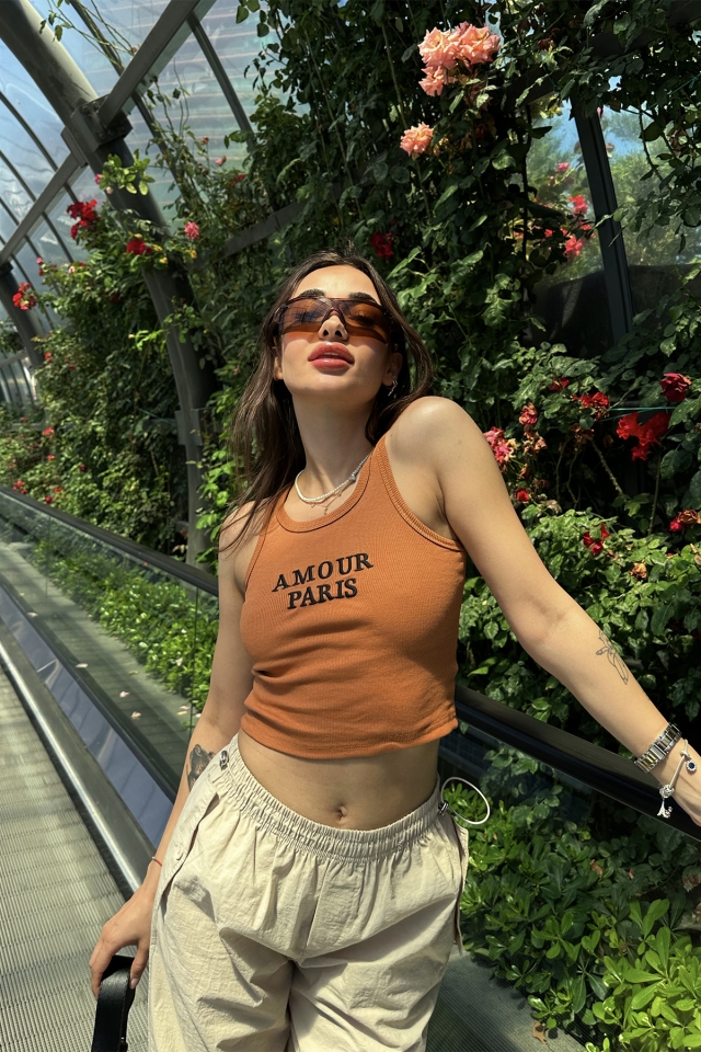 Kahverengi Amour Parıs Yazılı Crop Top ATE7319