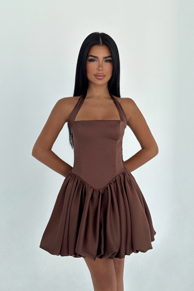Kahverengi Estella Mini Etek Ucu Balon Elbise ATE-3345