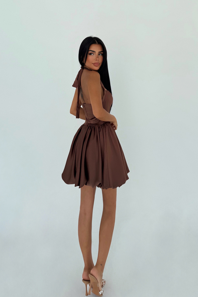 Kahverengi Estella Mini Etek Ucu Balon Elbise ATE-3345