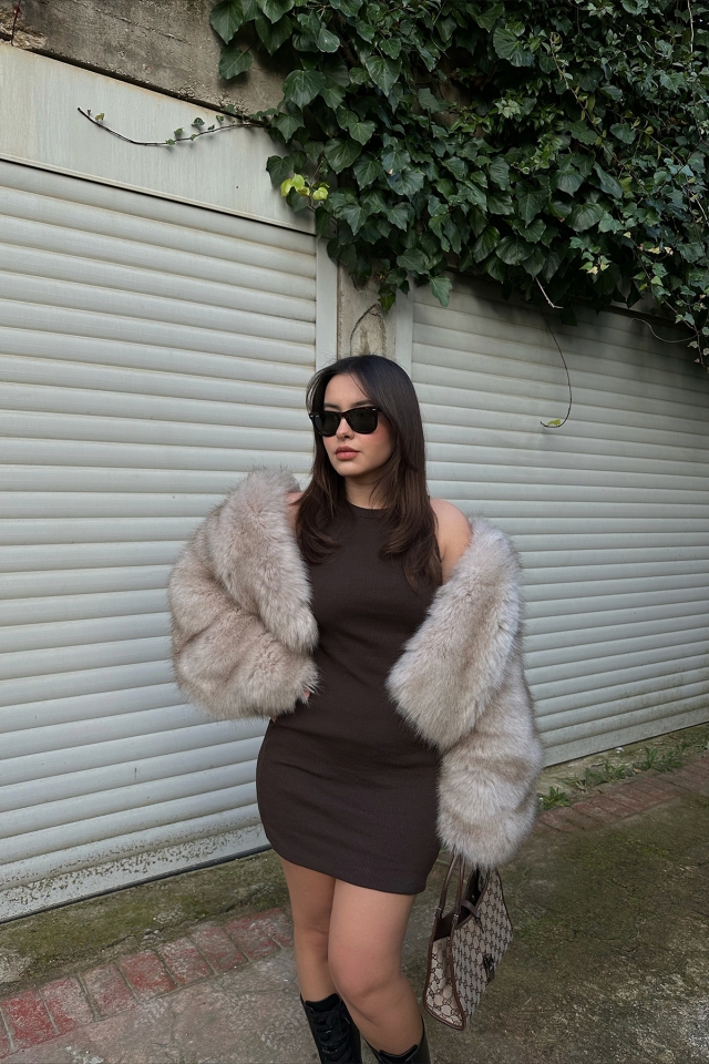 Kahverengi Basic Mini Elbise ATE4394