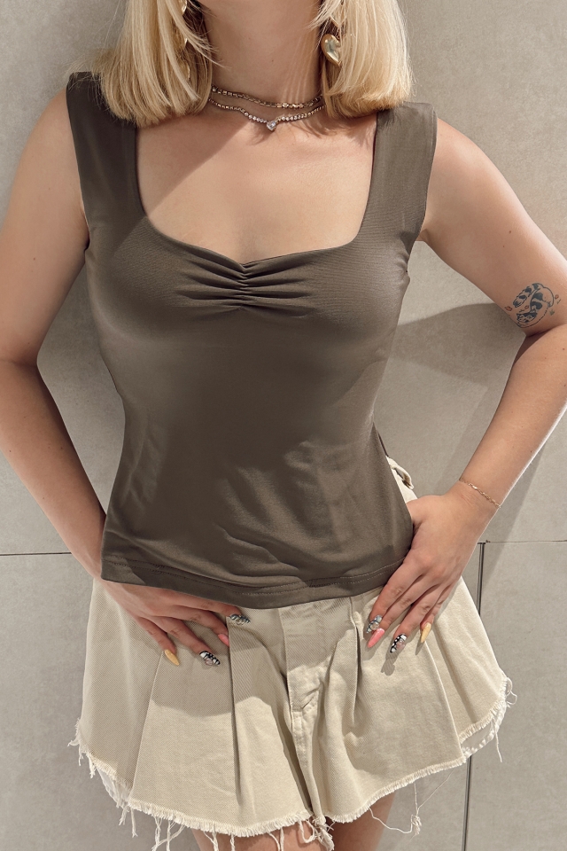 Kahverengi Yırtmaç Detay Crop Top ATE5340