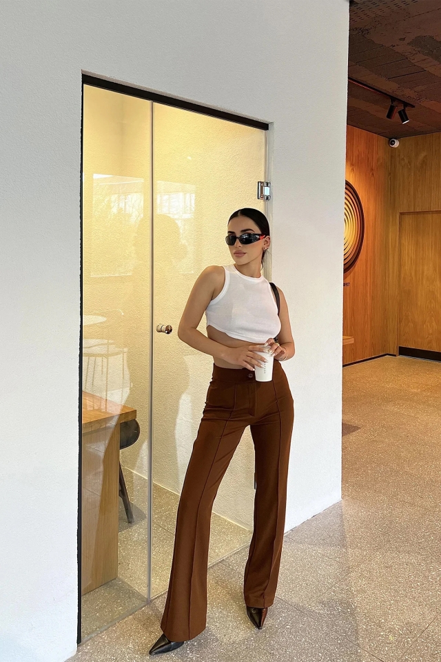 Kahverengi Dikiş Detay Palazzo Pantolon ATE3901