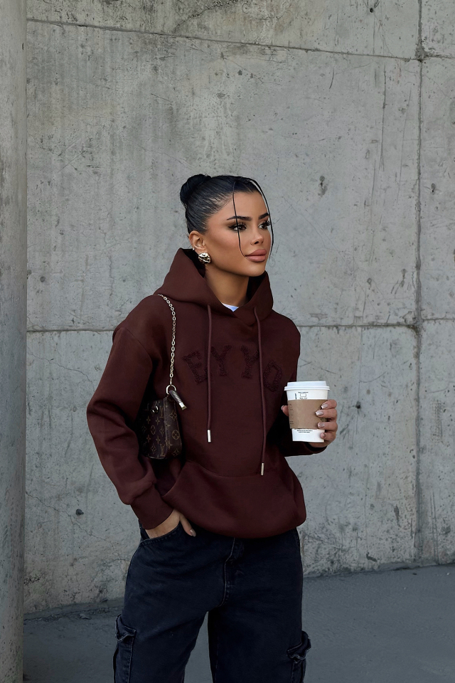 Kahverengi Dove Eyyo Nakışlı  Sweat ATE-0803