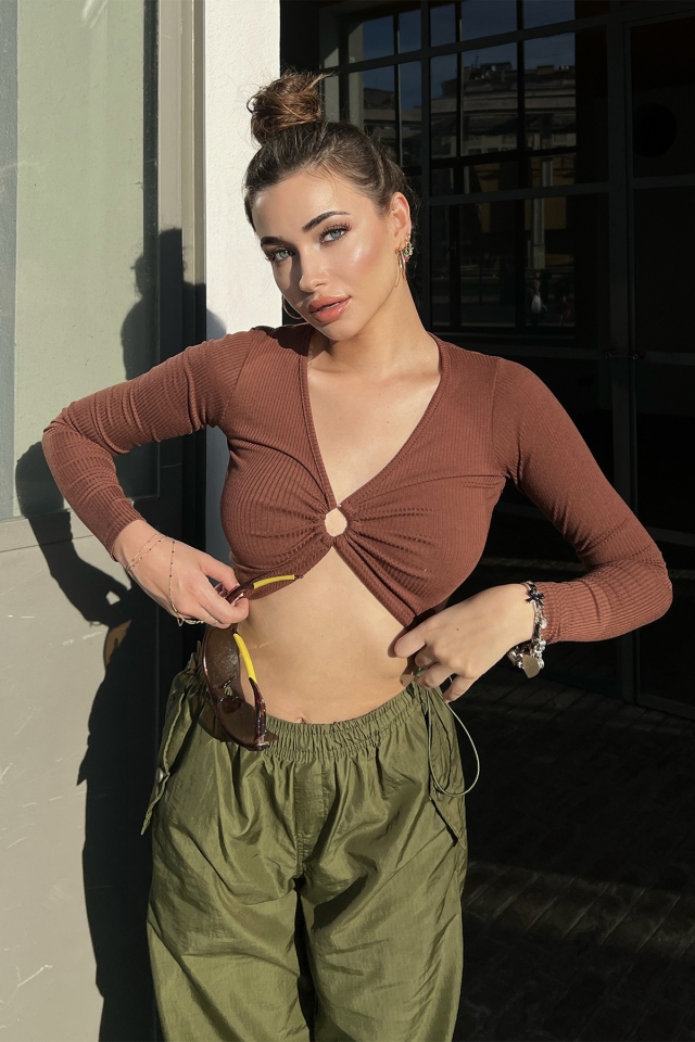 Kahverengi Fitilli Crop Top ATE3103