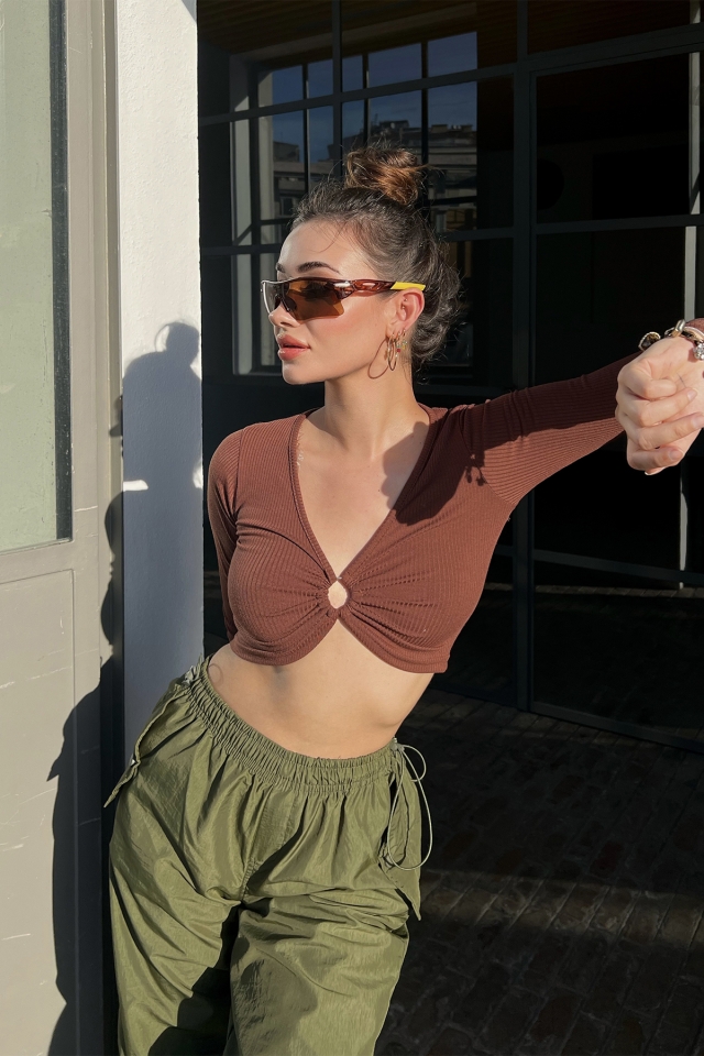 Kahverengi Fitilli Crop Top ATE3103