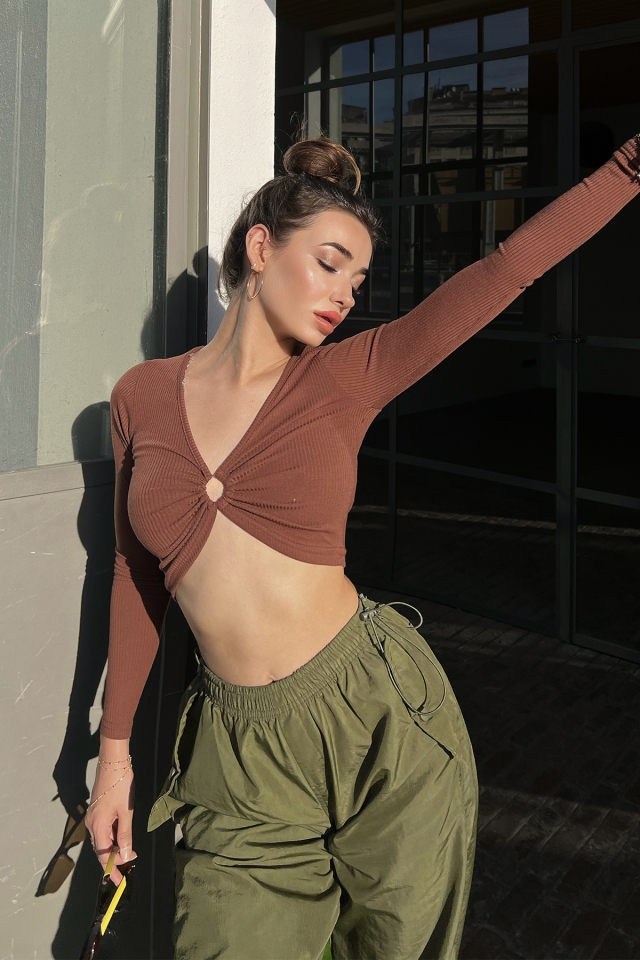 Kahverengi Fitilli Crop Top ATE3103