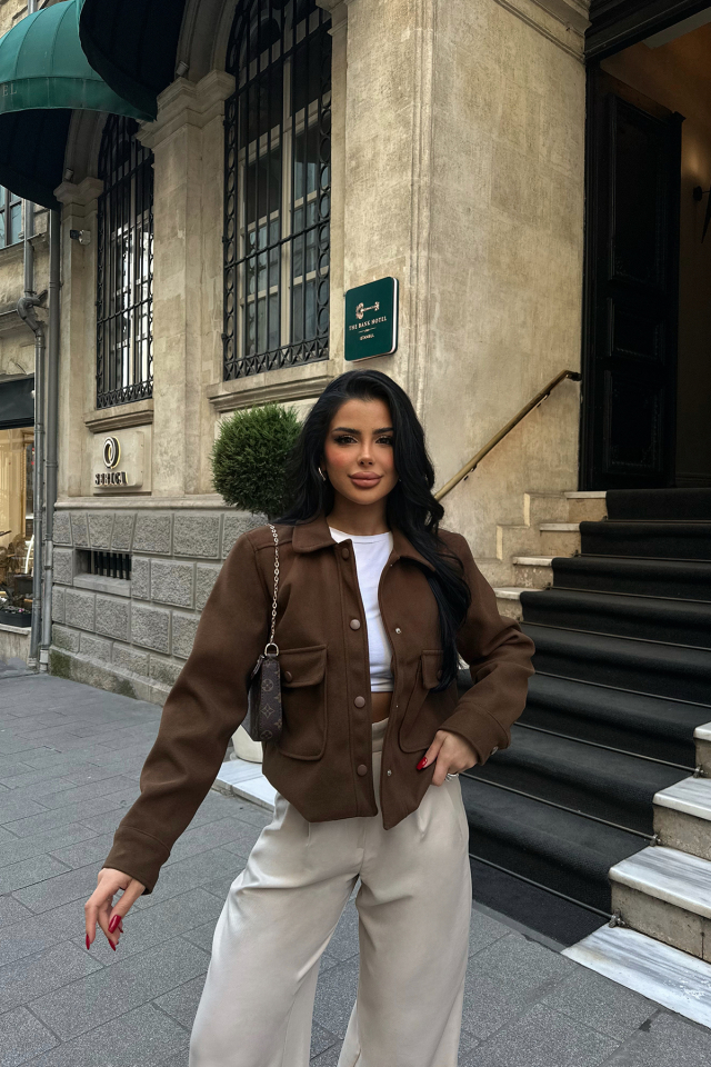 Kahverengi Gömlek Yaka Cep Detay Ceket ATE-0783 - EYYO