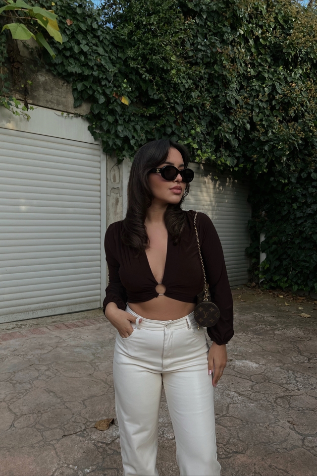 Kahverengi Halka Detay Crop Top ATE2575 - EYYO