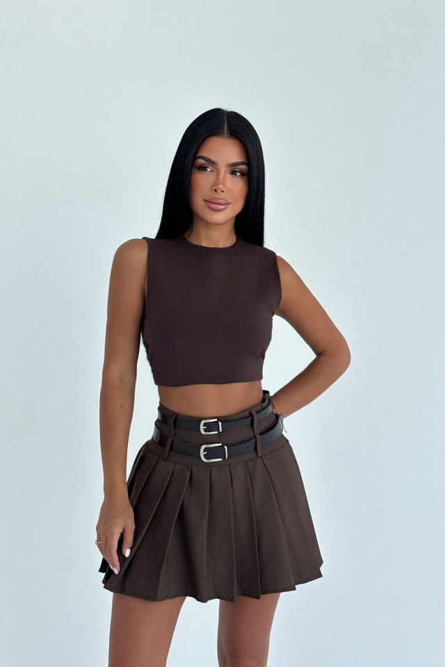 Kahverengi Sinatra Çift Kemerli Mini Etek ATE-3330