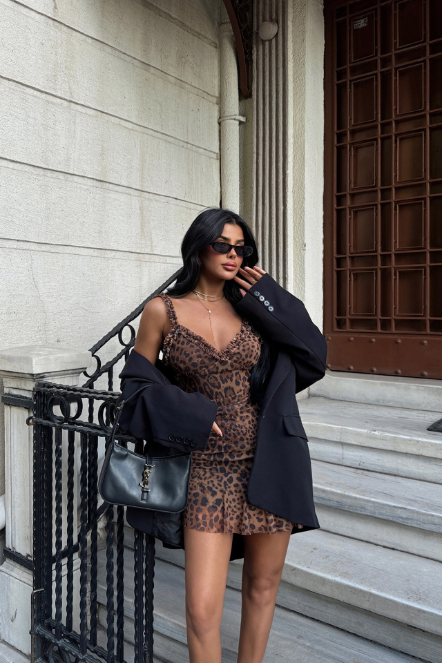 Kahverengi Zadie Leopar Desenli Mini Tül Elbise ATE-1750 - EYYO