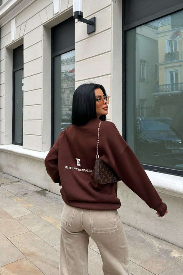 Kahverengi Oversize Arkası Baskılı Sweat ATE-0880