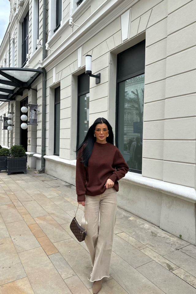 Kahverengi Oversize Arkası Baskılı Sweat ATE-0880