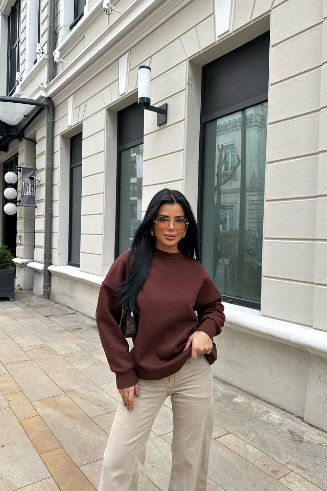Kahverengi Oversize Arkası Baskılı Sweat ATE-0880