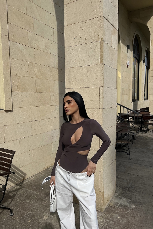 Kahverengi Pencere Detay Bodysuit ATE4555
