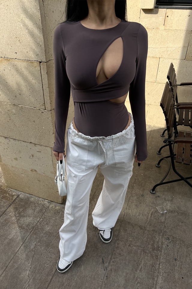 Kahverengi Pencere Detay Bodysuit ATE4555